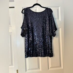 Liliana Blue Navy Sequin Cold Shoulder Short SleeveTop Size XL